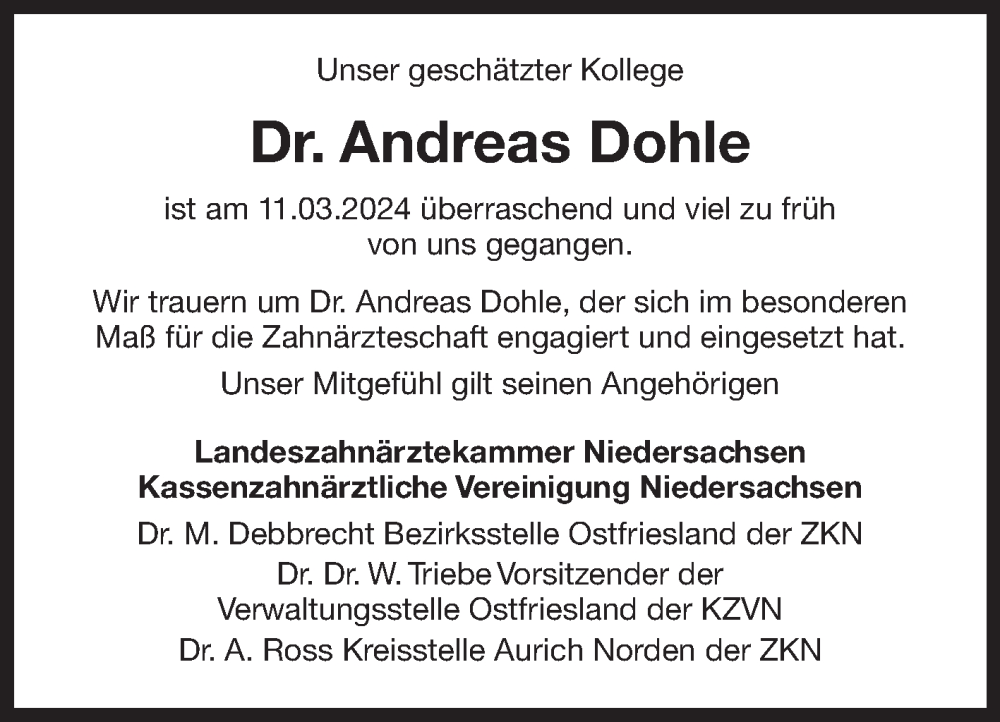  Traueranzeige für Andreas Dohle vom 23.03.2024 aus Ostfriesischer Kurier GmbH