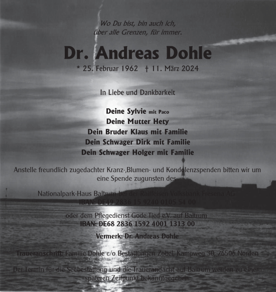 Traueranzeige von Andreas Dohle von Ostfriesischer Kurier GmbH