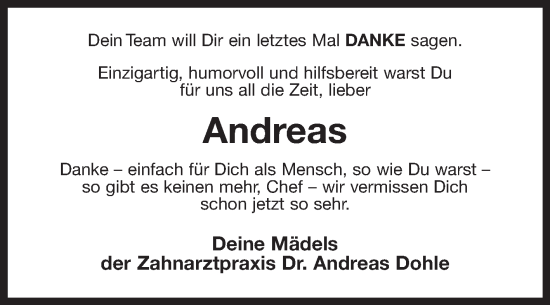 Traueranzeige von Andreas Dohle von Ostfriesischer Kurier GmbH
