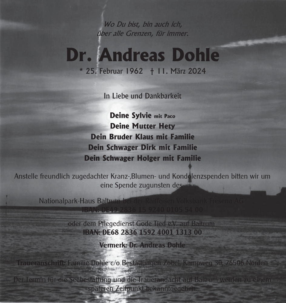  Traueranzeige für Andreas Dohle vom 16.03.2024 aus Ostfriesischer Kurier GmbH