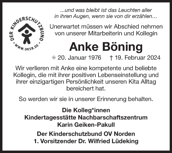 Traueranzeige von Anke Böning von Ostfriesischer Kurier GmbH