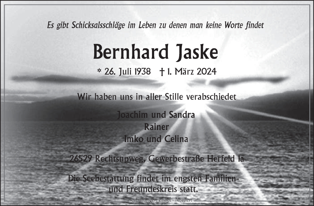  Traueranzeige für Bernhard Jaske vom 23.03.2024 aus Ostfriesischer Kurier GmbH