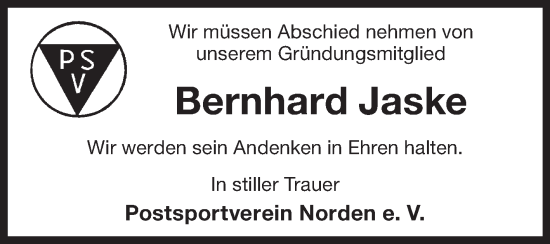 Traueranzeige von Bernhard Jaske von Ostfriesischer Kurier GmbH