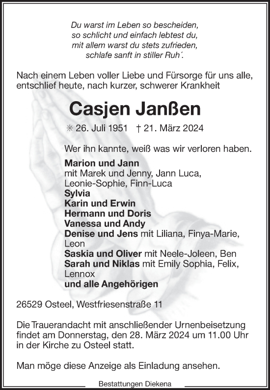 Traueranzeige von Casjen Janßen von Ostfriesischer Kurier GmbH