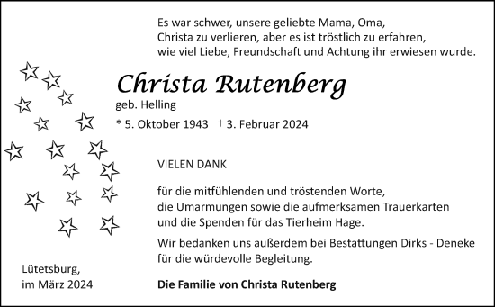 Traueranzeige von Christa Rutenberg von Ostfriesischer Kurier GmbH