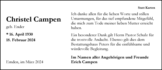 Traueranzeige von Christel Campen von Ostfriesischer Kurier GmbH