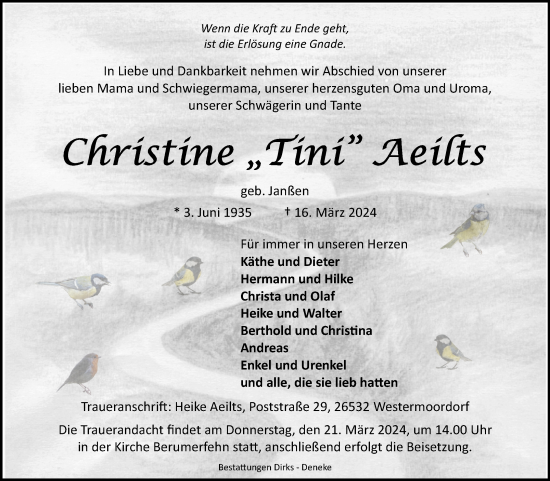 Traueranzeige von Christine Aeilts von Ostfriesischer Kurier GmbH