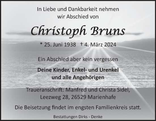 Traueranzeige von Christoph Bruns von Ostfriesischer Kurier GmbH
