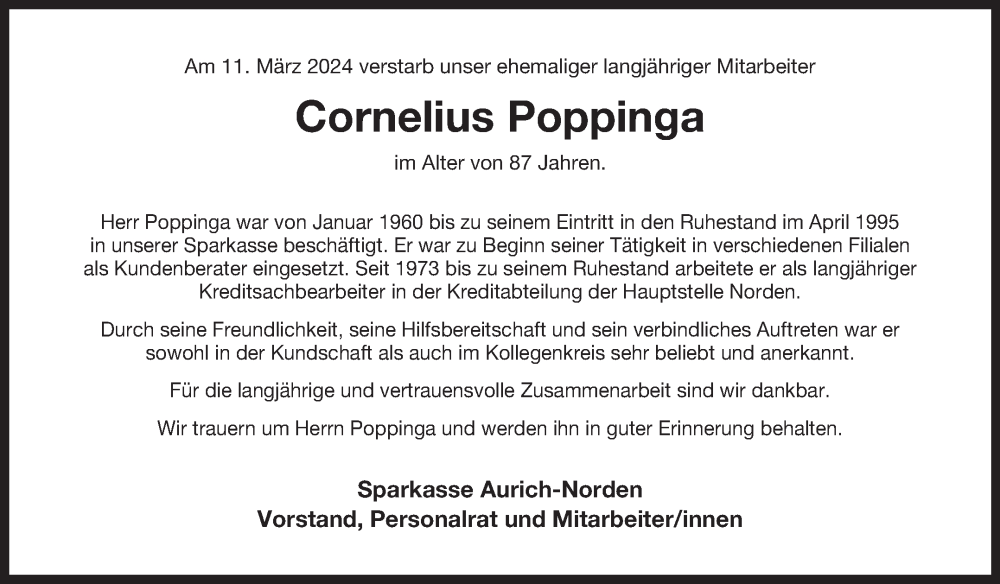  Traueranzeige für Cornelius Poppinga vom 27.03.2024 aus Ostfriesischer Kurier GmbH