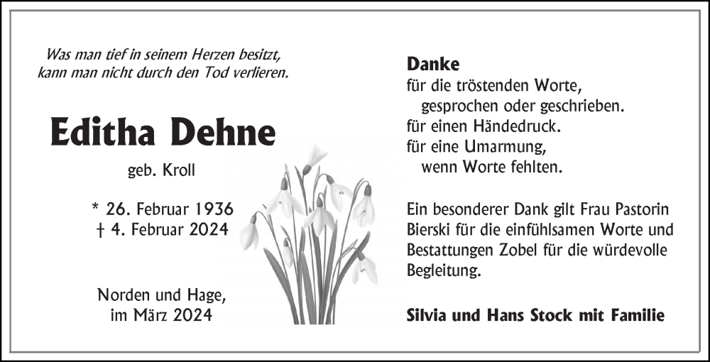  Traueranzeige für Editha Dehne vom 16.03.2024 aus Ostfriesischer Kurier GmbH