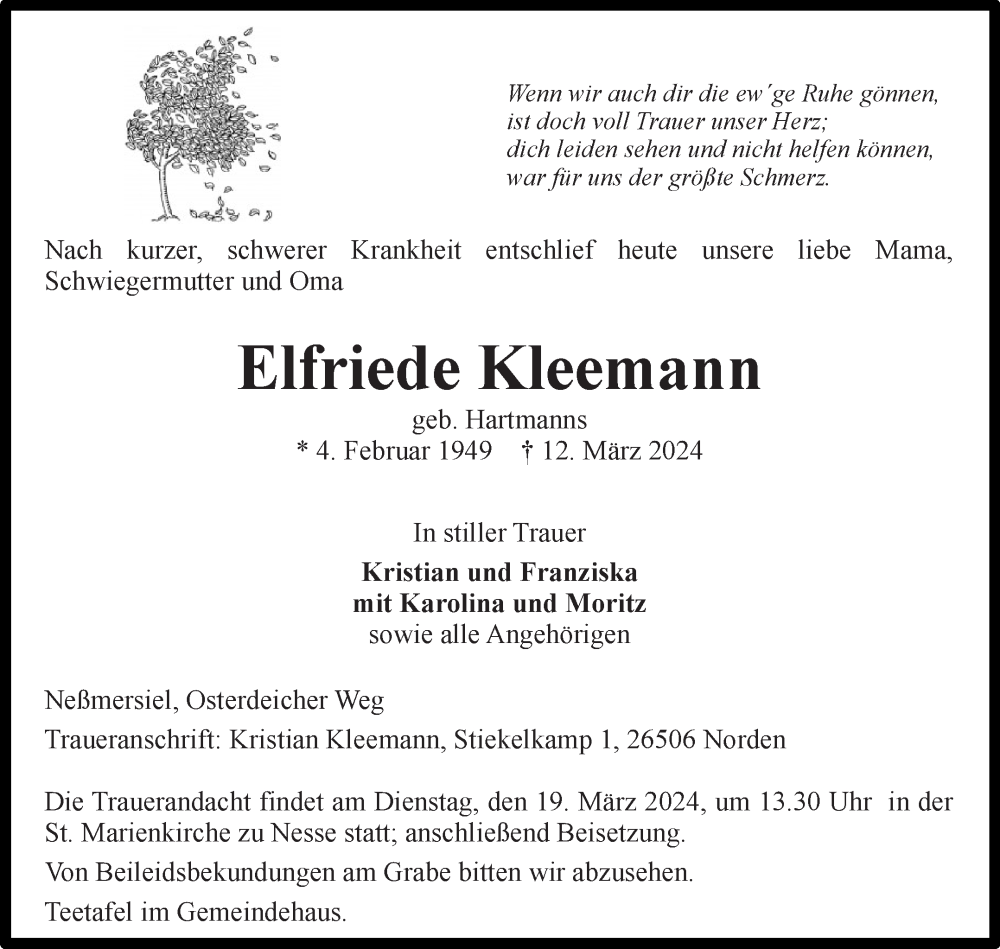  Traueranzeige für Elfriede Kleemann vom 14.03.2024 aus Ostfriesischer Kurier GmbH