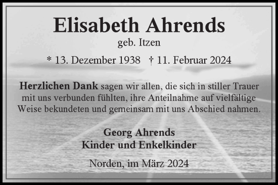 Traueranzeige von Elisabeth Ahrends von Ostfriesischer Kurier GmbH