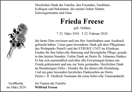 Traueranzeige von Frieda Freese von Ostfriesischer Kurier GmbH