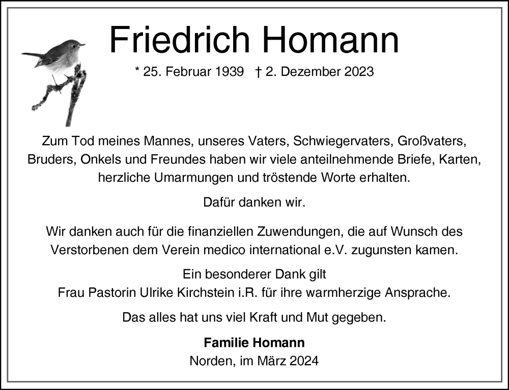  Traueranzeige für Friedrich Homann vom 23.03.2024 aus Ostfriesischer Kurier GmbH