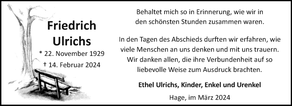  Traueranzeige für Friedrich Ulrichs vom 16.03.2024 aus Ostfriesischer Kurier GmbH
