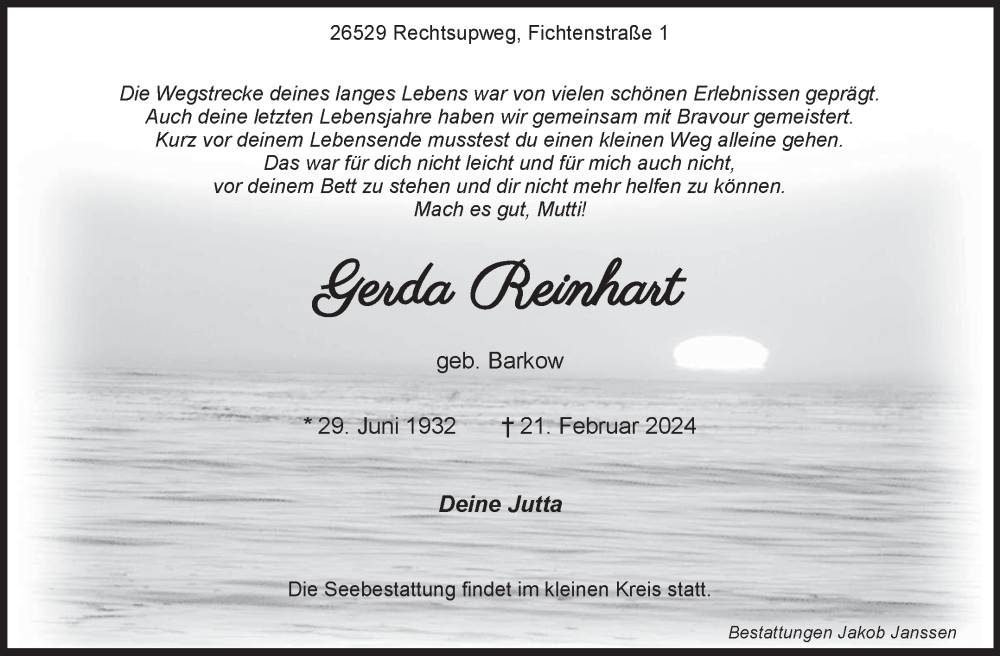  Traueranzeige für Gerda Reinhart vom 02.03.2024 aus Ostfriesischer Kurier GmbH