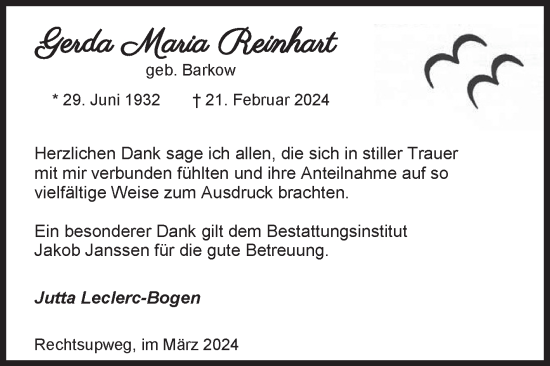 Traueranzeige von Gerda Maria Reinhart von Ostfriesischer Kurier GmbH