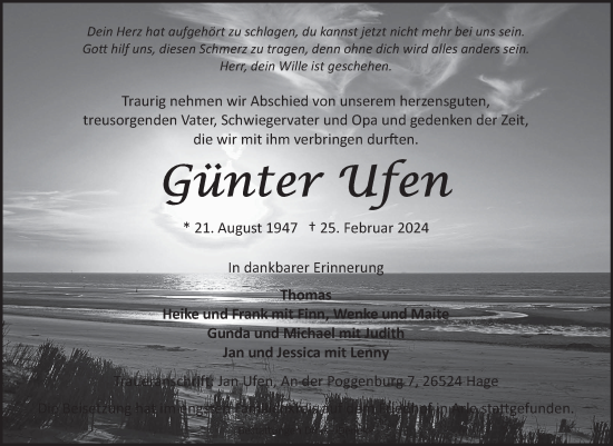 Traueranzeige von Günter Ufen von Ostfriesischer Kurier GmbH