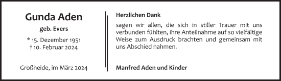 Traueranzeige von Gunda Aden von Ostfriesischer Kurier GmbH