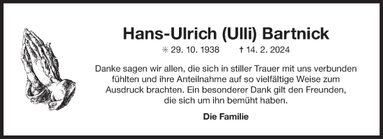 Traueranzeige von Hans-Ulrich Bartnick von Ostfriesischer Kurier GmbH