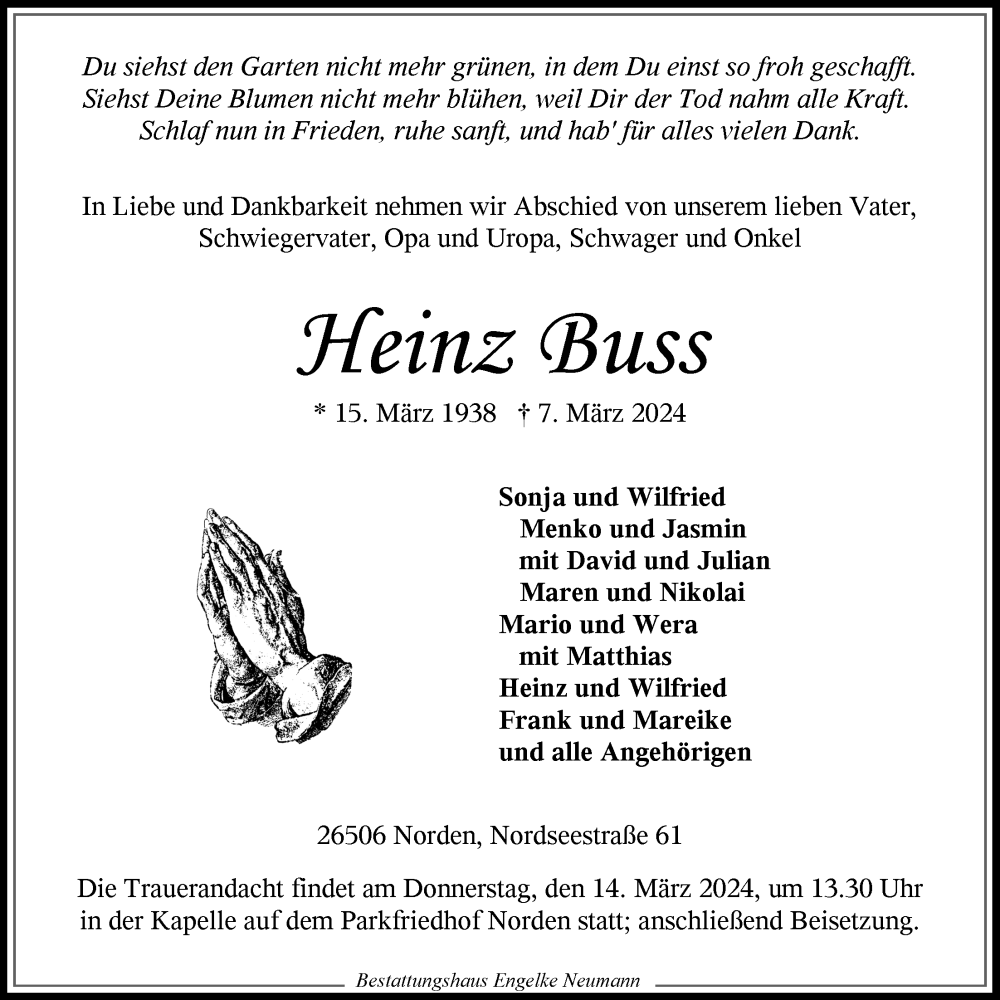  Traueranzeige für Heinz Buss vom 11.03.2024 aus Ostfriesischer Kurier GmbH