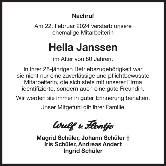Traueranzeige von Hella Janssen von Ostfriesischer Kurier GmbH