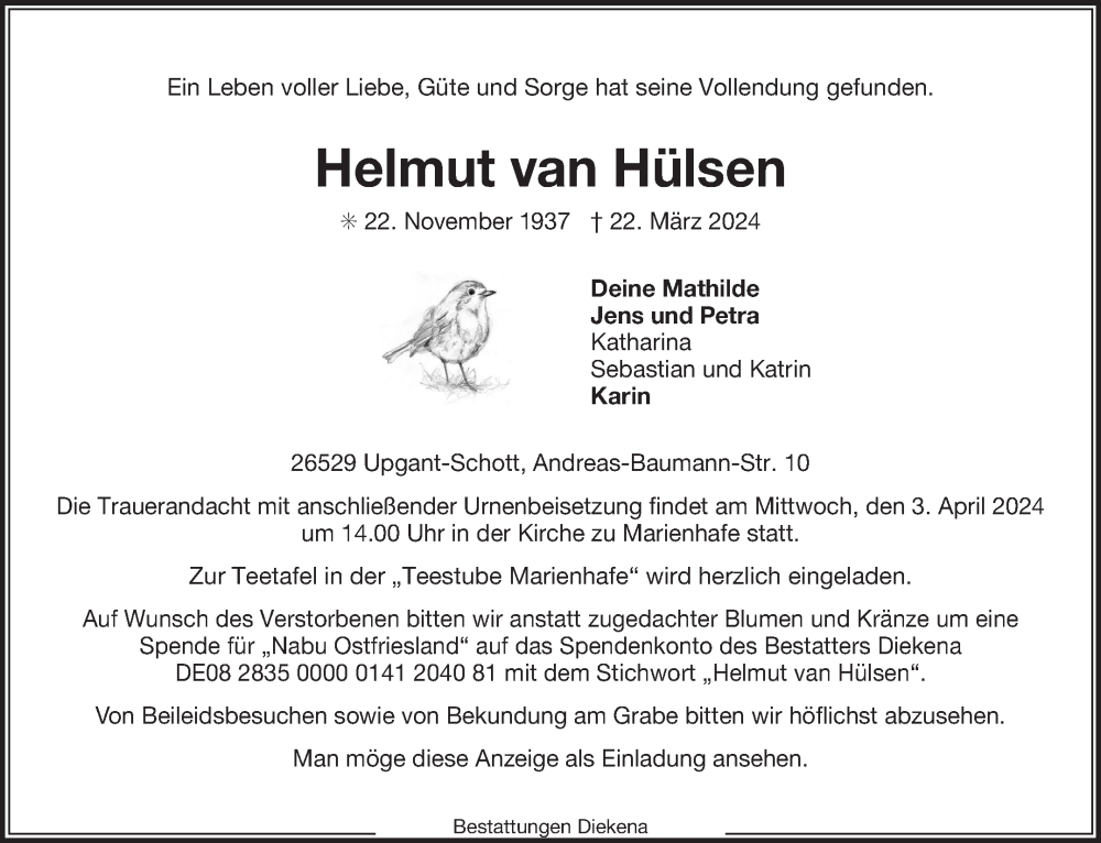  Traueranzeige für Helmut van Hülsen vom 26.03.2024 aus Ostfriesischer Kurier GmbH