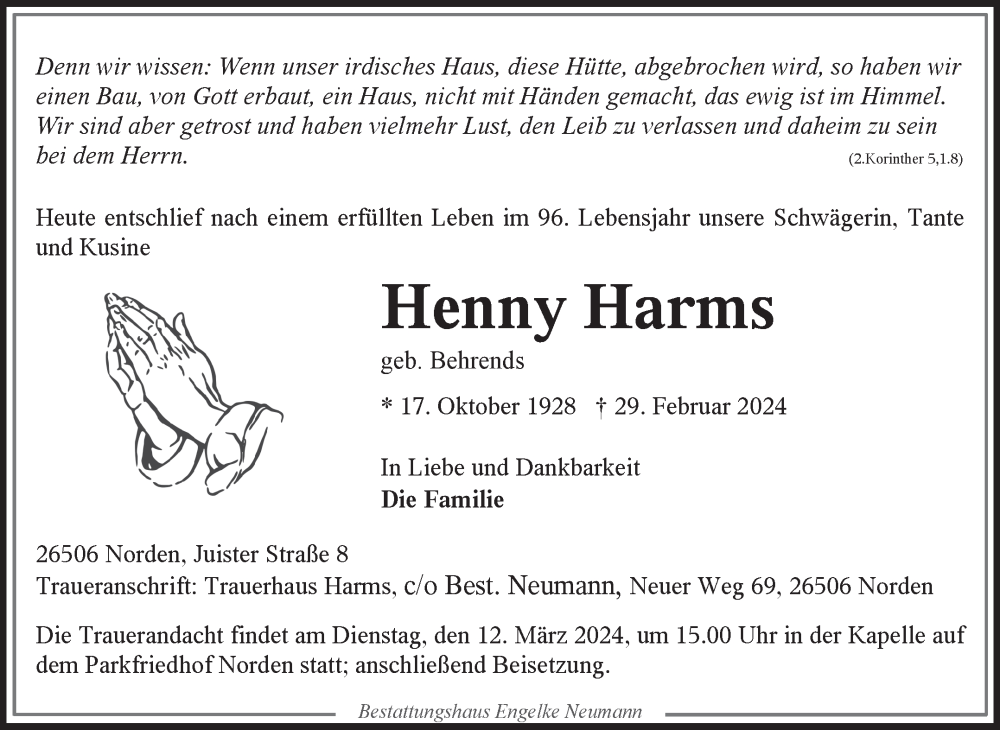  Traueranzeige für Henny Harms vom 02.03.2024 aus Ostfriesischer Kurier GmbH