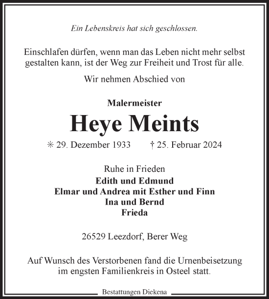 Traueranzeige von Heye Meints von Ostfriesischer Kurier GmbH