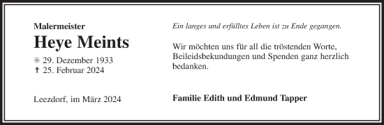 Traueranzeige von Heye Meints von Ostfriesischer Kurier GmbH