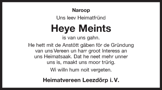 Traueranzeige von Heye Meints von Ostfriesischer Kurier GmbH