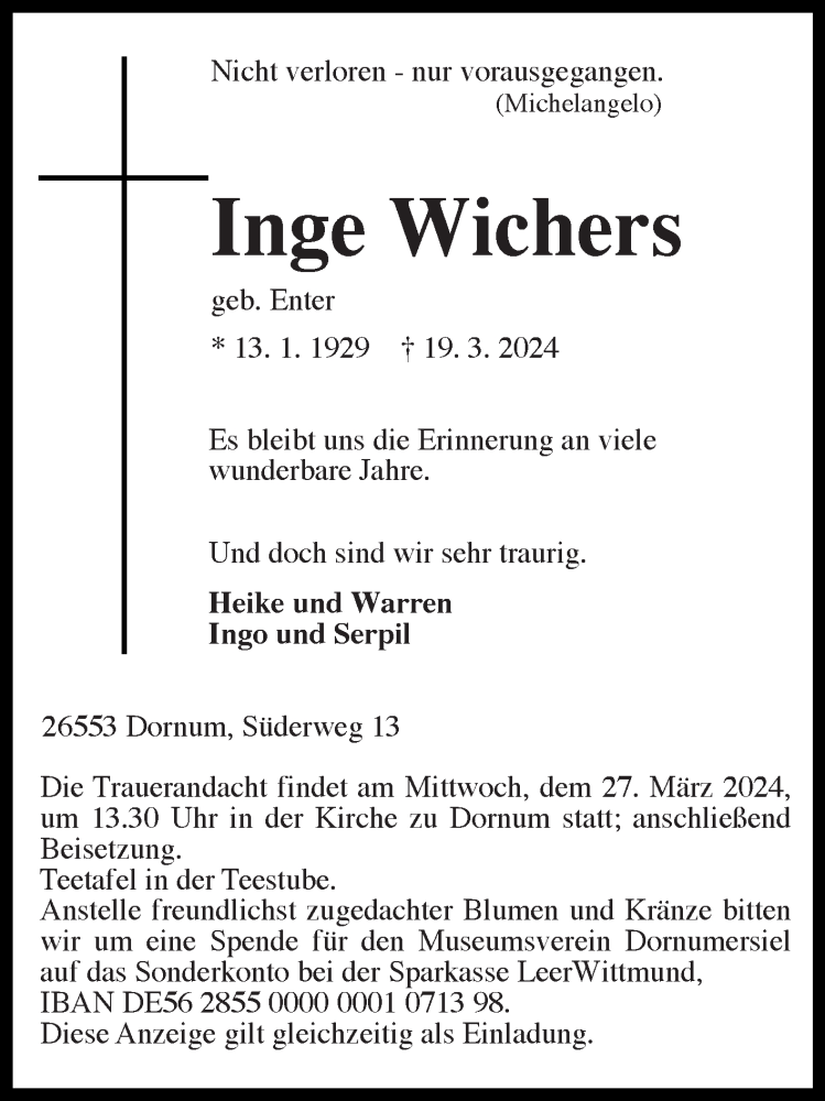  Traueranzeige für Inge Wichers vom 23.03.2024 aus Ostfriesischer Kurier GmbH