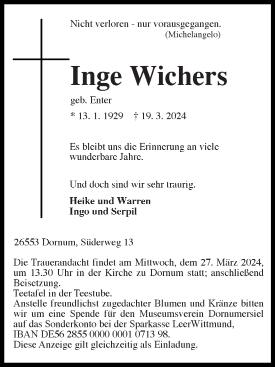Traueranzeige von Inge Wichers von Ostfriesischer Kurier GmbH