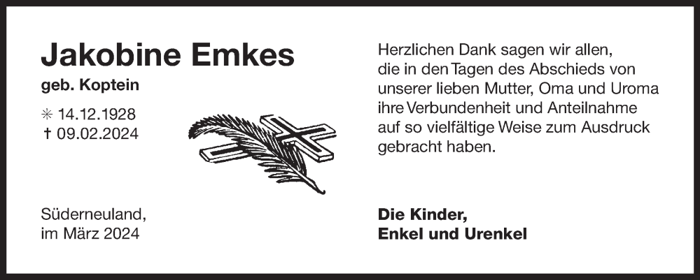  Traueranzeige für Jakobine Emkes vom 16.03.2024 aus Ostfriesischer Kurier GmbH