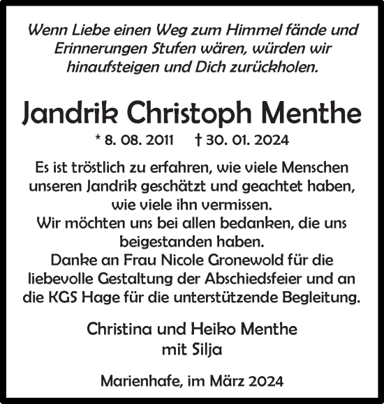 Traueranzeige von Jandrik Christoph Menthe von Ostfriesischer Kurier GmbH