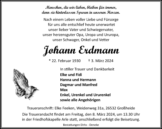 Traueranzeige von Johann Erdmann von Ostfriesischer Kurier GmbH