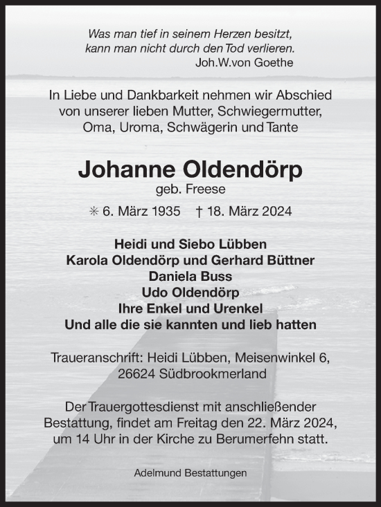 Traueranzeige von Johanne Oldendörp von Ostfriesischer Kurier GmbH