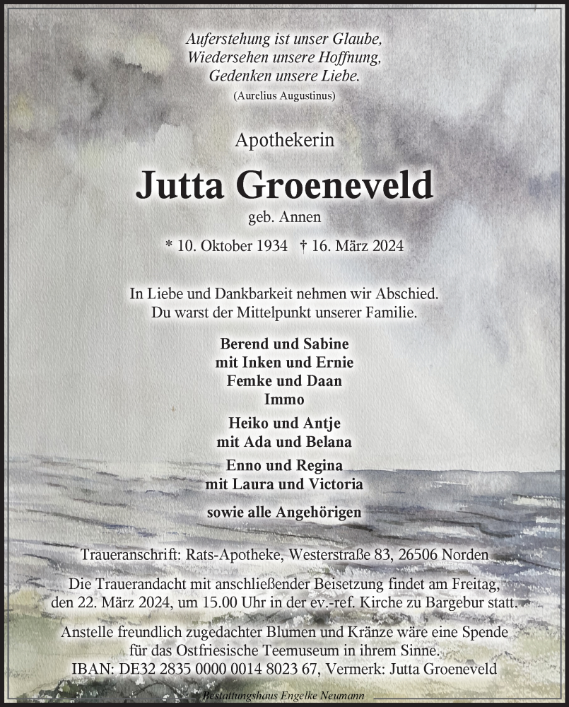  Traueranzeige für Jutta Groeneveld vom 20.03.2024 aus Ostfriesischer Kurier GmbH