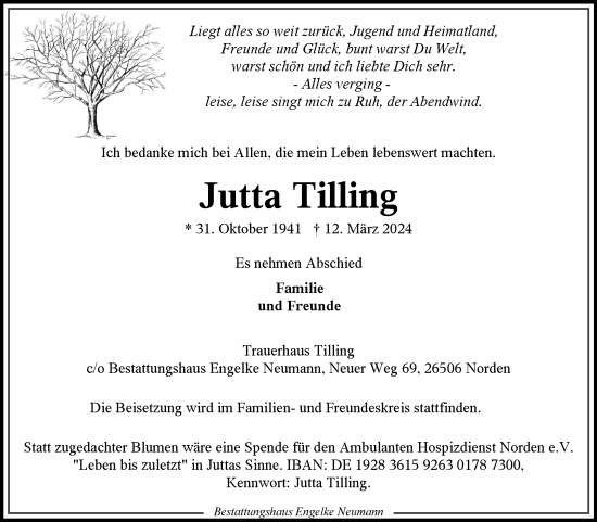 Traueranzeige von Jutta Tilling von Ostfriesischer Kurier GmbH