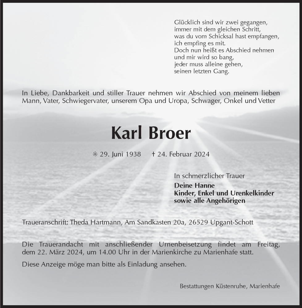  Traueranzeige für Karl Broer vom 02.03.2024 aus Ostfriesischer Kurier GmbH