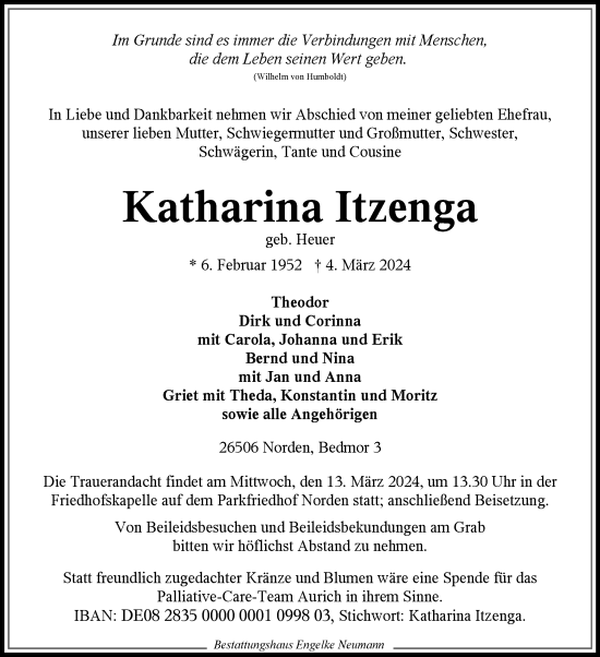 Traueranzeige von Katharina Itzenga von Ostfriesischer Kurier GmbH