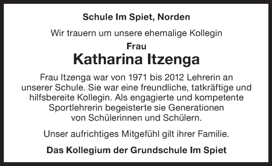 Traueranzeige von Katharina Itzenga von Ostfriesischer Kurier GmbH