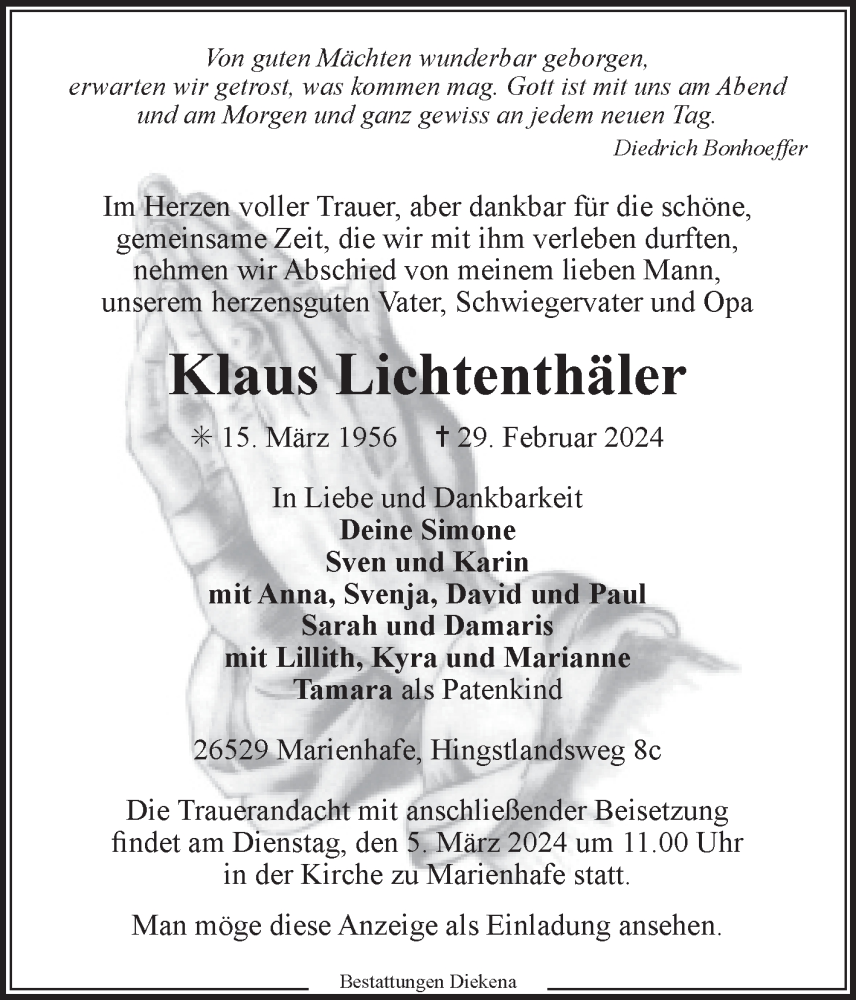  Traueranzeige für Klaus Lichtenthäler vom 01.03.2024 aus Ostfriesischer Kurier GmbH