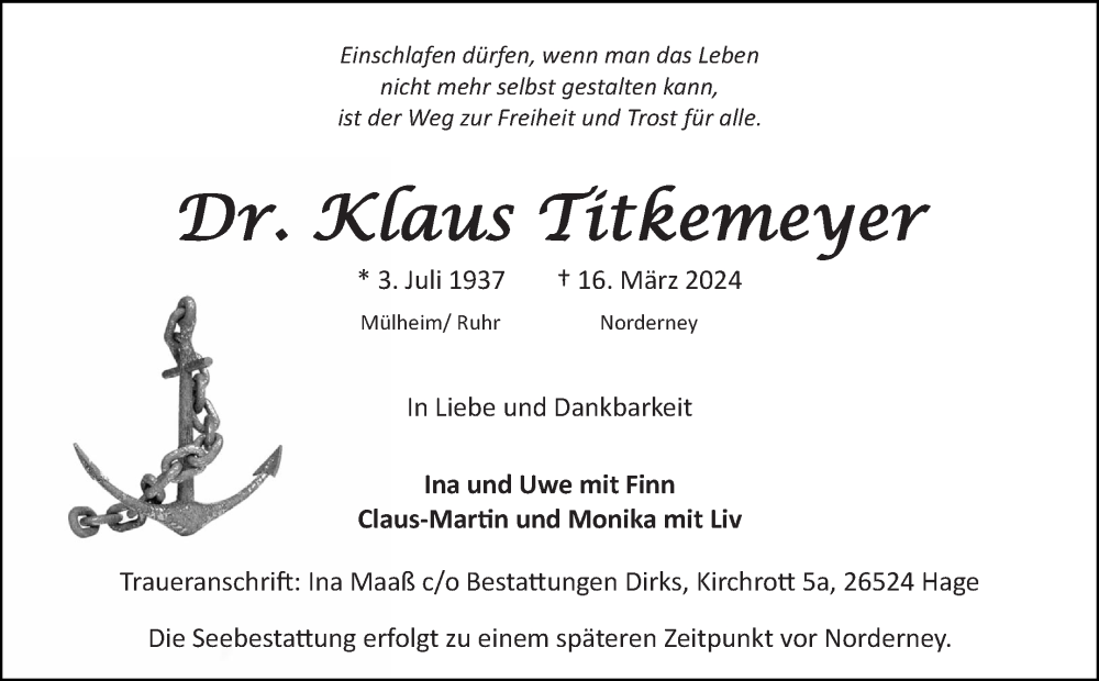  Traueranzeige für Klaus Titkemeyer vom 23.03.2024 aus Ostfriesischer Kurier GmbH