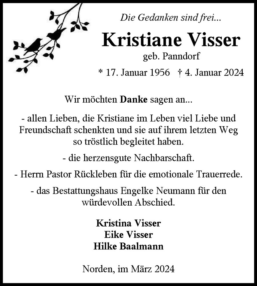  Traueranzeige für Kristiane Visser vom 02.03.2024 aus Ostfriesischer Kurier GmbH