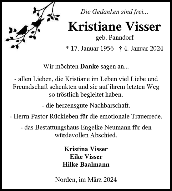 Traueranzeige von Kristiane Visser von Ostfriesischer Kurier GmbH