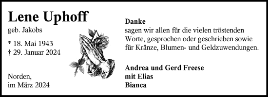 Traueranzeige von Lene Uphoff von Ostfriesischer Kurier GmbH