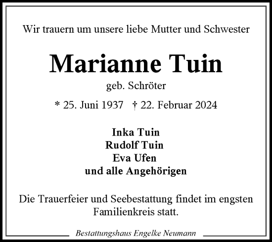 Traueranzeige von Marianne Tuin von Ostfriesischer Kurier GmbH