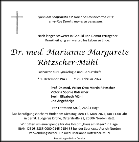 Traueranzeige von Marianne Margarete Rötzscher-Mühl von Ostfriesischer Kurier GmbH