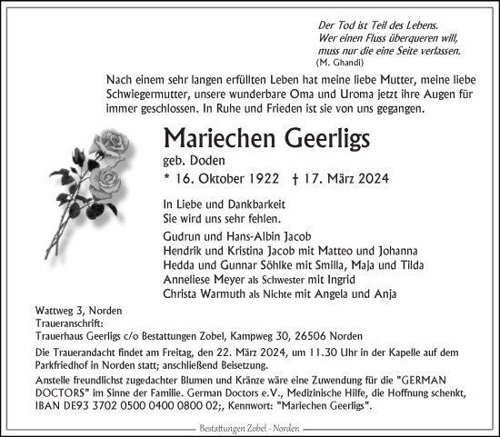 Traueranzeige von Mariechen Geerligs von Ostfriesischer Kurier GmbH